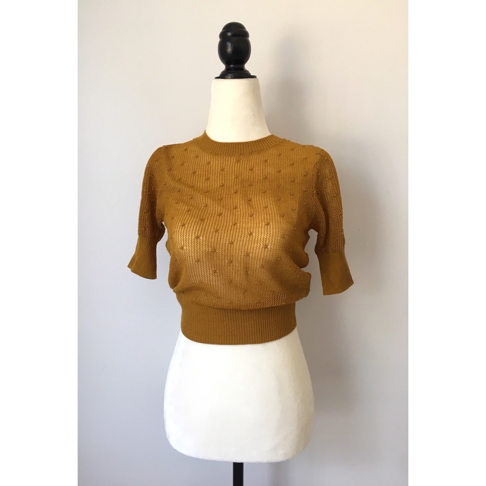 NWT Zara Mustard Dotted Crochet Short Sleeve Top